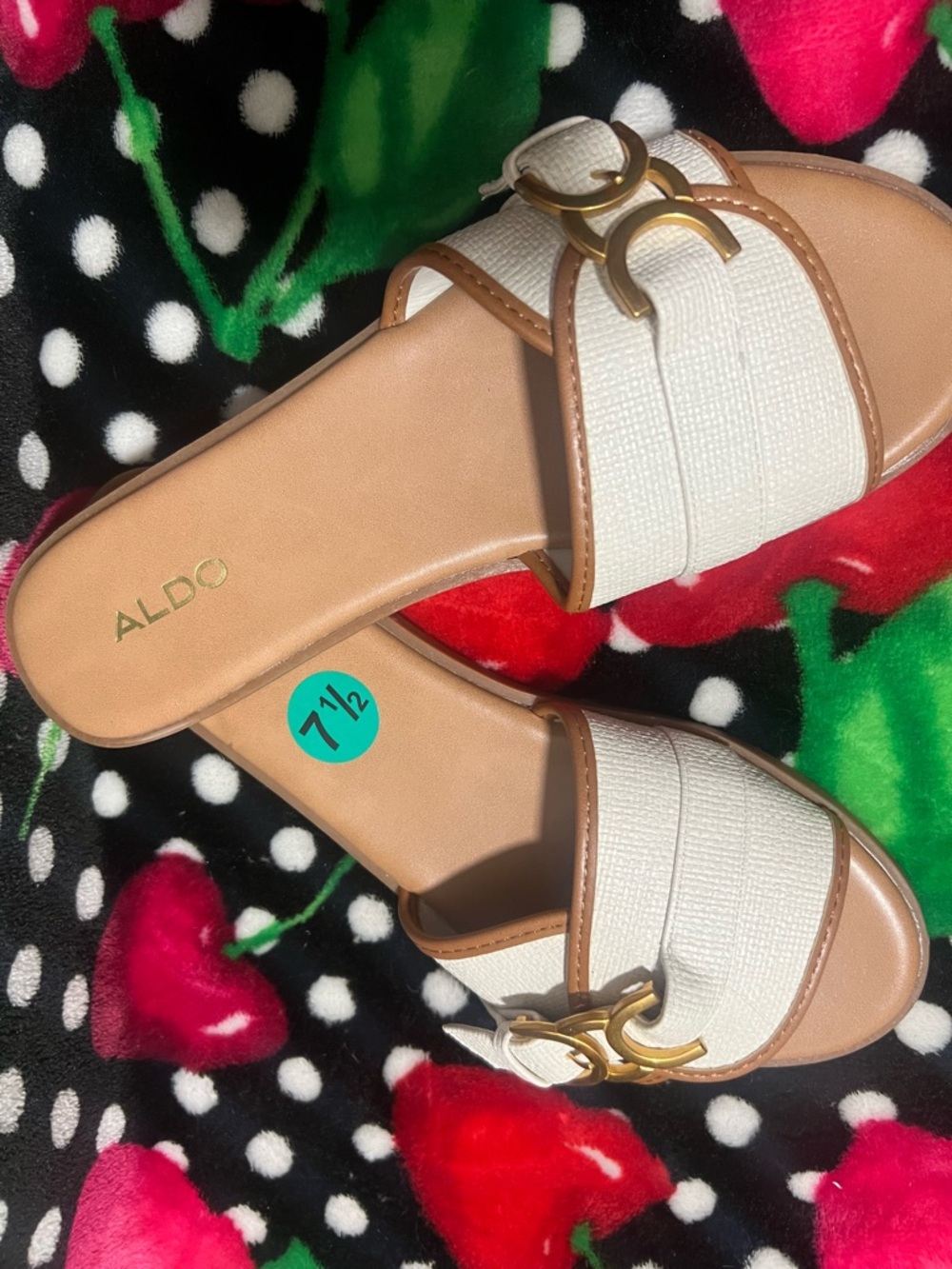 ALDO Cream and Tan Slide Mules with Gold Buckle